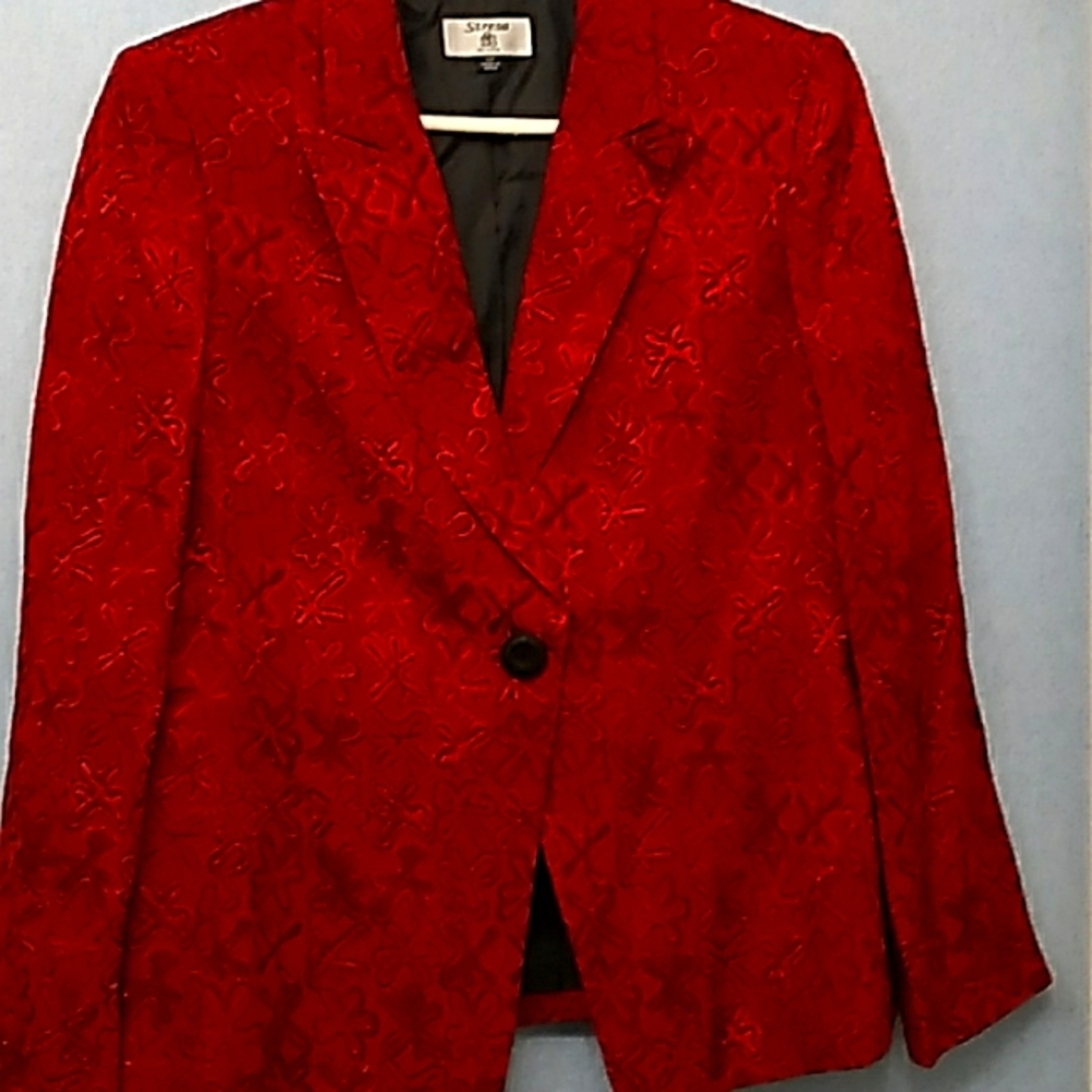 Stresa Elegant Red Floral Jacquard‎ Blazer Single Button Petite Size 10P